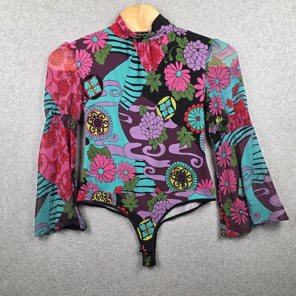 Bisou Bisou Bodysuit Womens XL Psychedelic Floral Mock Neck Bell Sleeve Stretch